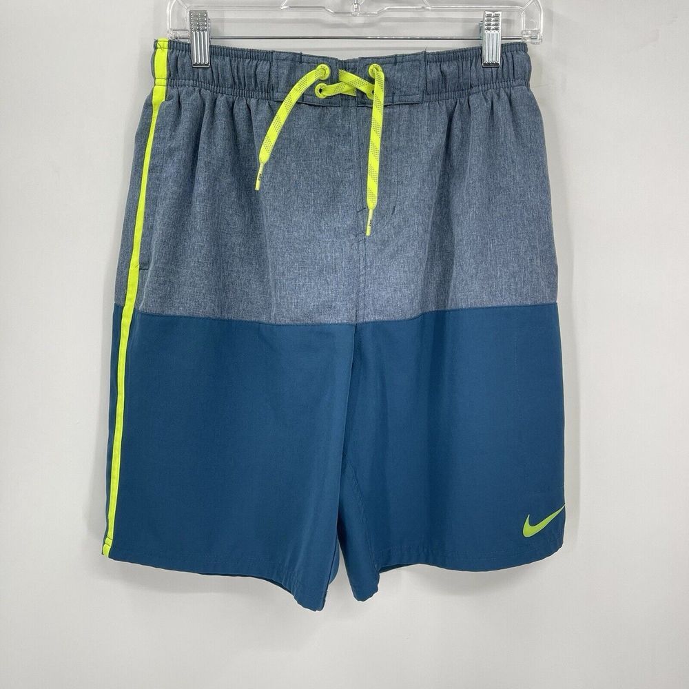 Nike Size M Swim Trunks Mens Blue Grey‎ Colorblock Neon Stripe Athletic Shorts